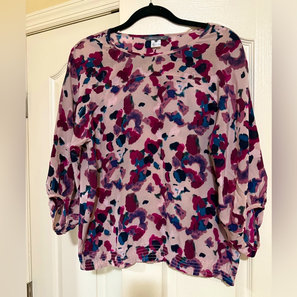 Pippa Abstract Multicolored Top With Belle 3/4 Sleeves 100% Silk Size 6